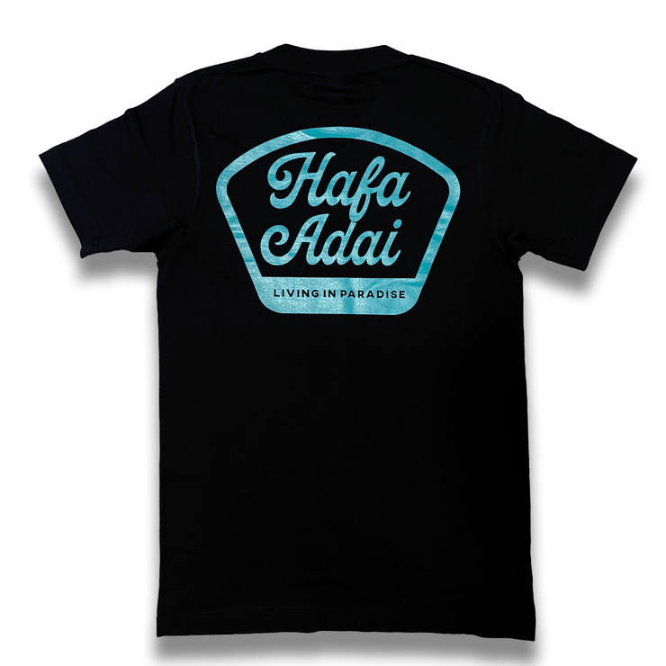 LIVING IN PARADISE TEE BLACK (TEAL PRINT)